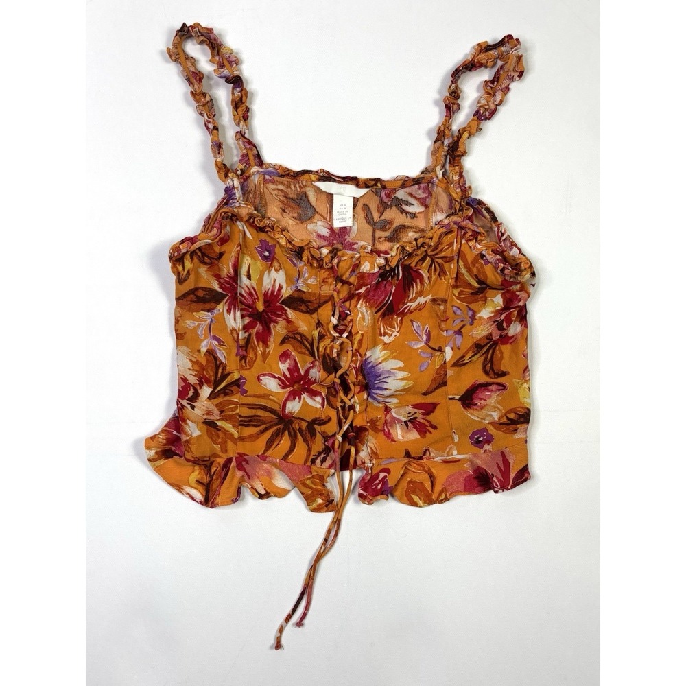 H&M Ruffle Crop Top Women's Medium Boho Orange Floral Sleeveless Summer